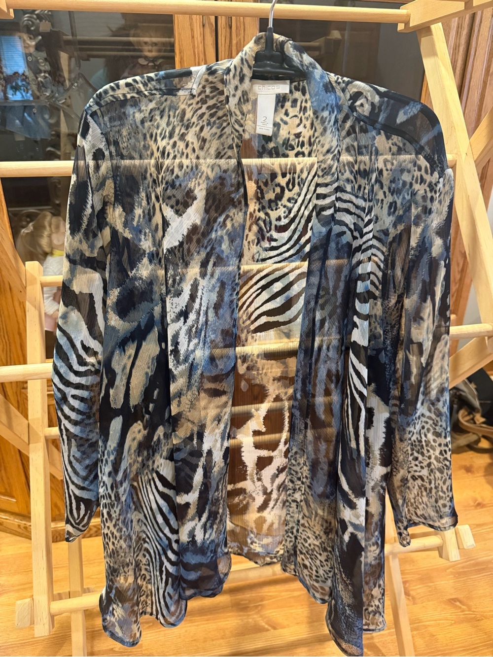 Chico's Sheer Blue and Black Animal-Print Open Cardigan